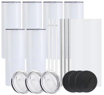 20oz Stainless Steel 50 Pack Blank White Heat Press Sublimation Tumblers With 2 Straws And Rubber Bottom Disc